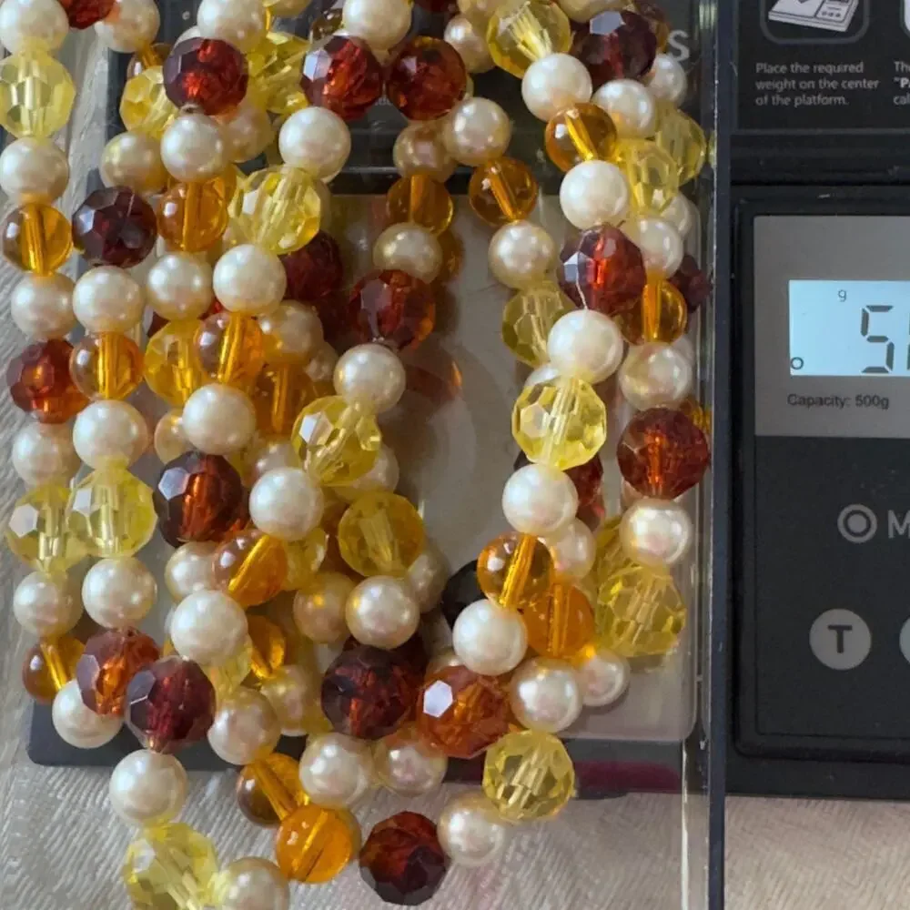 26” Acrylic Honey Yellow and Brown Beaded Necklace Faux Pearl Spacers VNTG 60’s